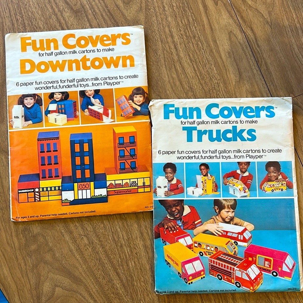 Vintage 70s Fun Covers Trucks & Downtown Milk Juice Carton Kids Craft DIY Kits